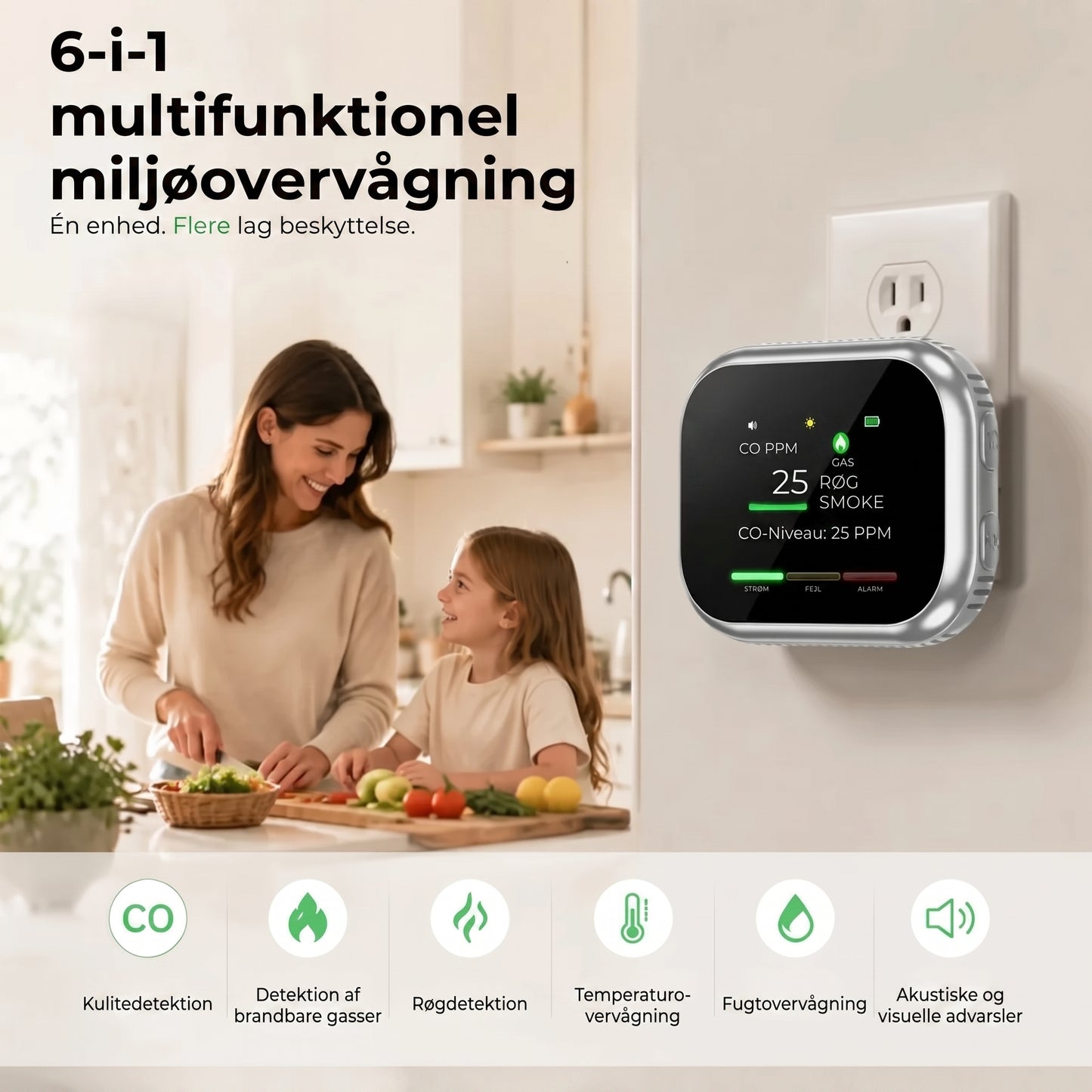 6-i-1 smart sikkerhedsdetektor til CO-gas og røg