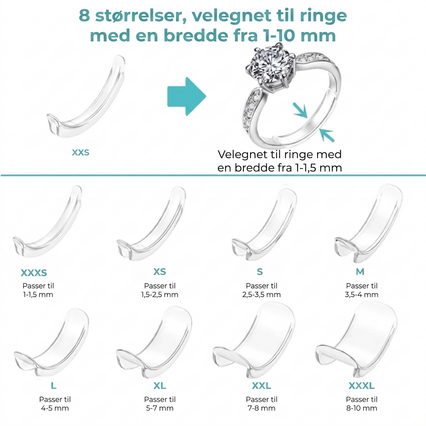 Usynlige ringstørrelsesjusterere, sæt med 8