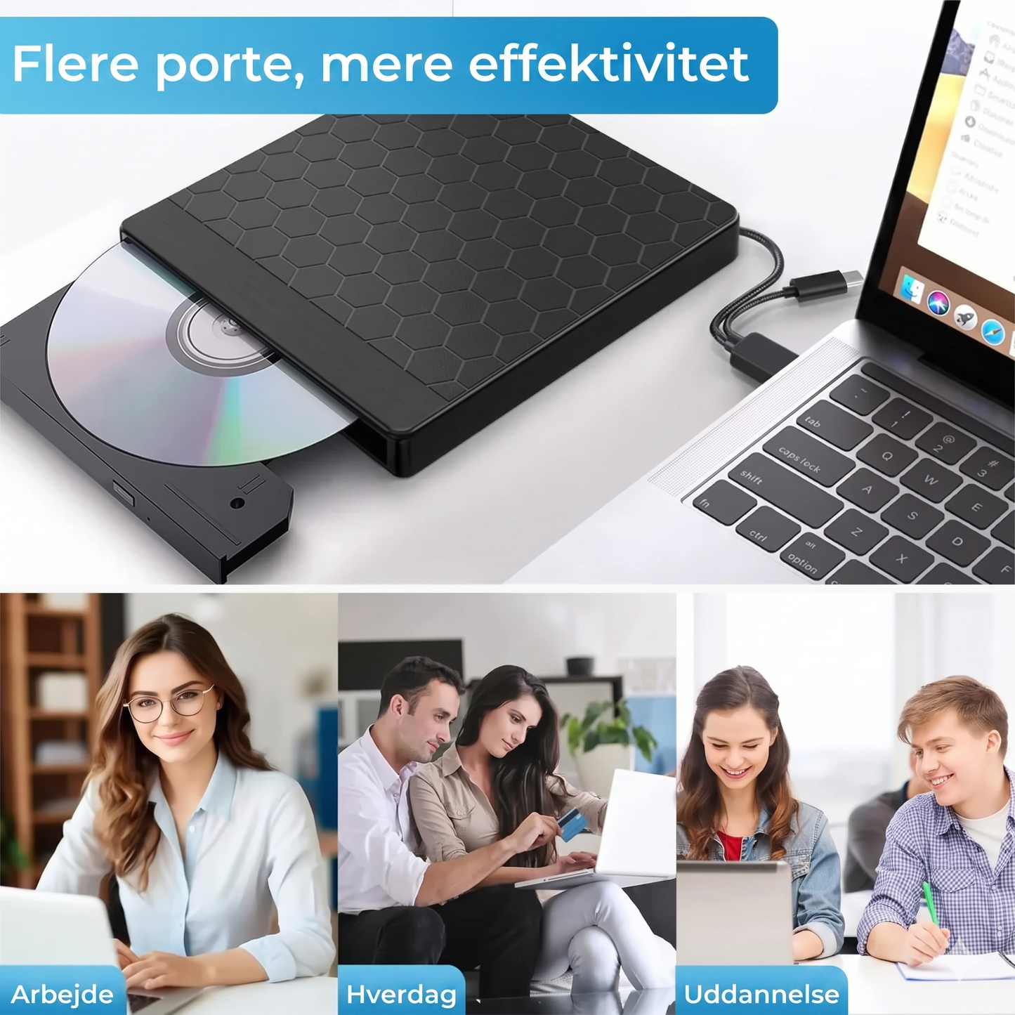 8-i-1 Ekstern CD/DVD-afspiller & USB-hub – Plug & Play