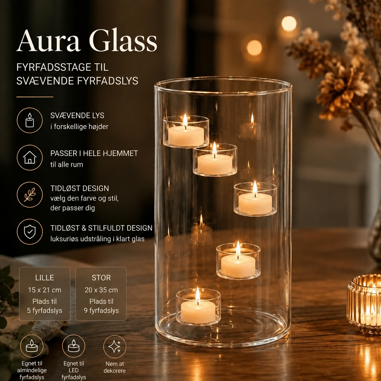 Aura Glass fyrfadsstage i glas med svævende lyseffekt
