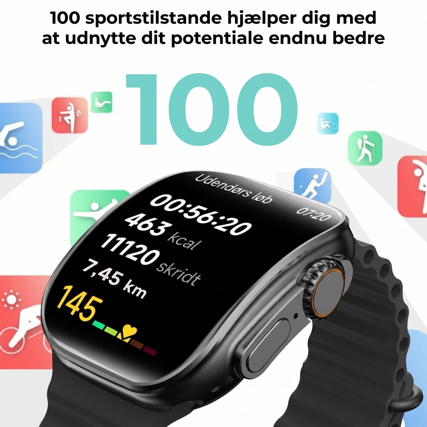 Smartwatch med HD AMOLED skærm og 7 remme