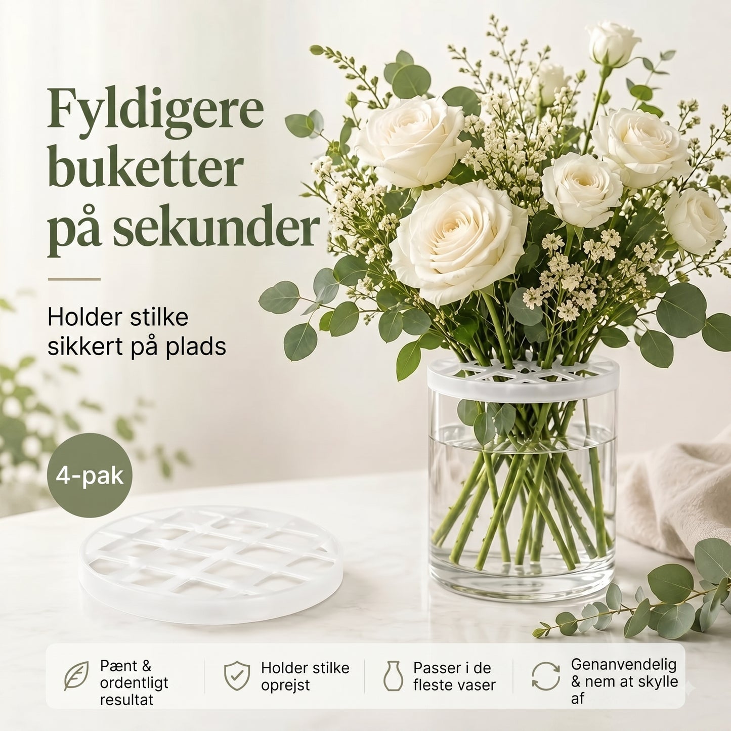 BlomFix strækbare silikone blomsterholdere, sæt med 4