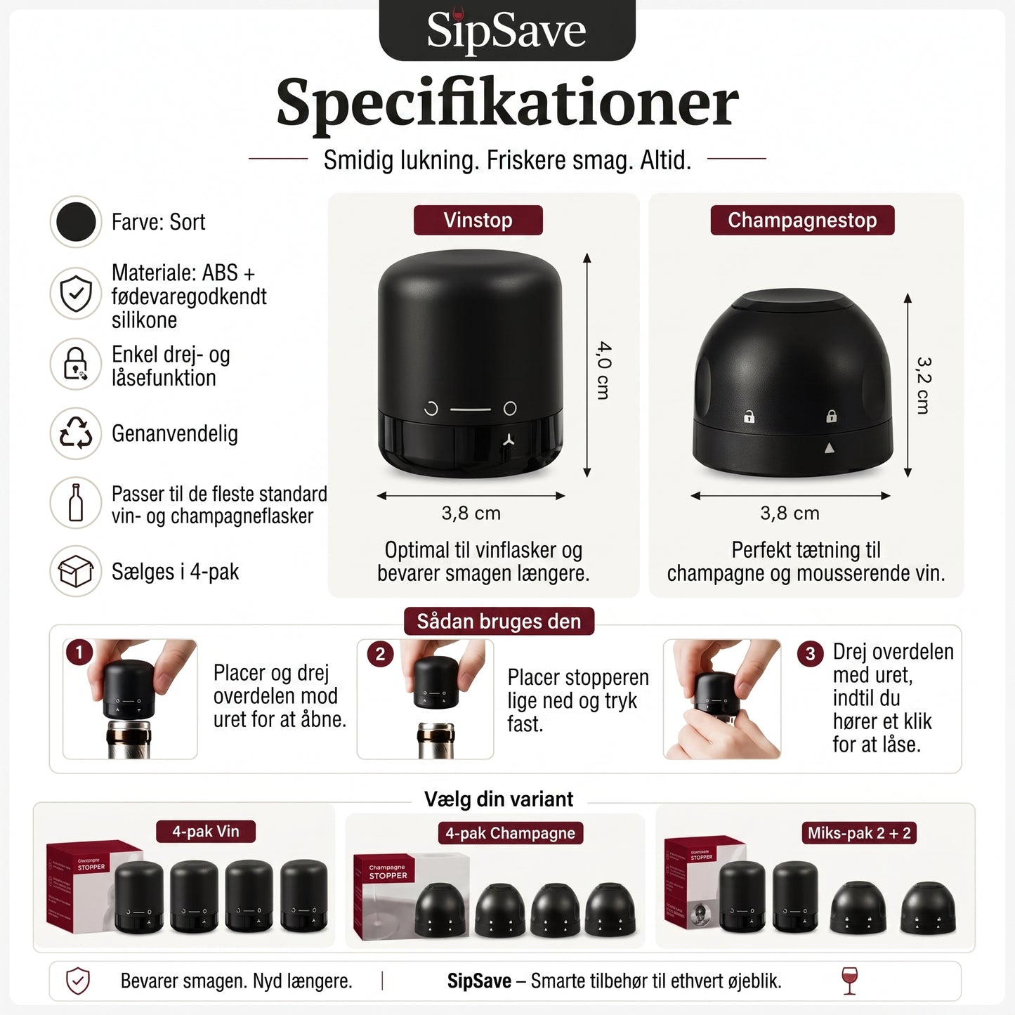 Flaskepropper til vin og champagne sæt med 4 stk.
