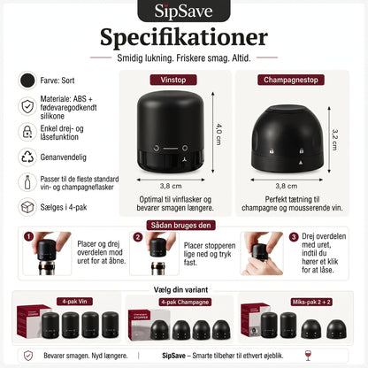 Flaskepropper til vin og champagne sæt med 4 stk.