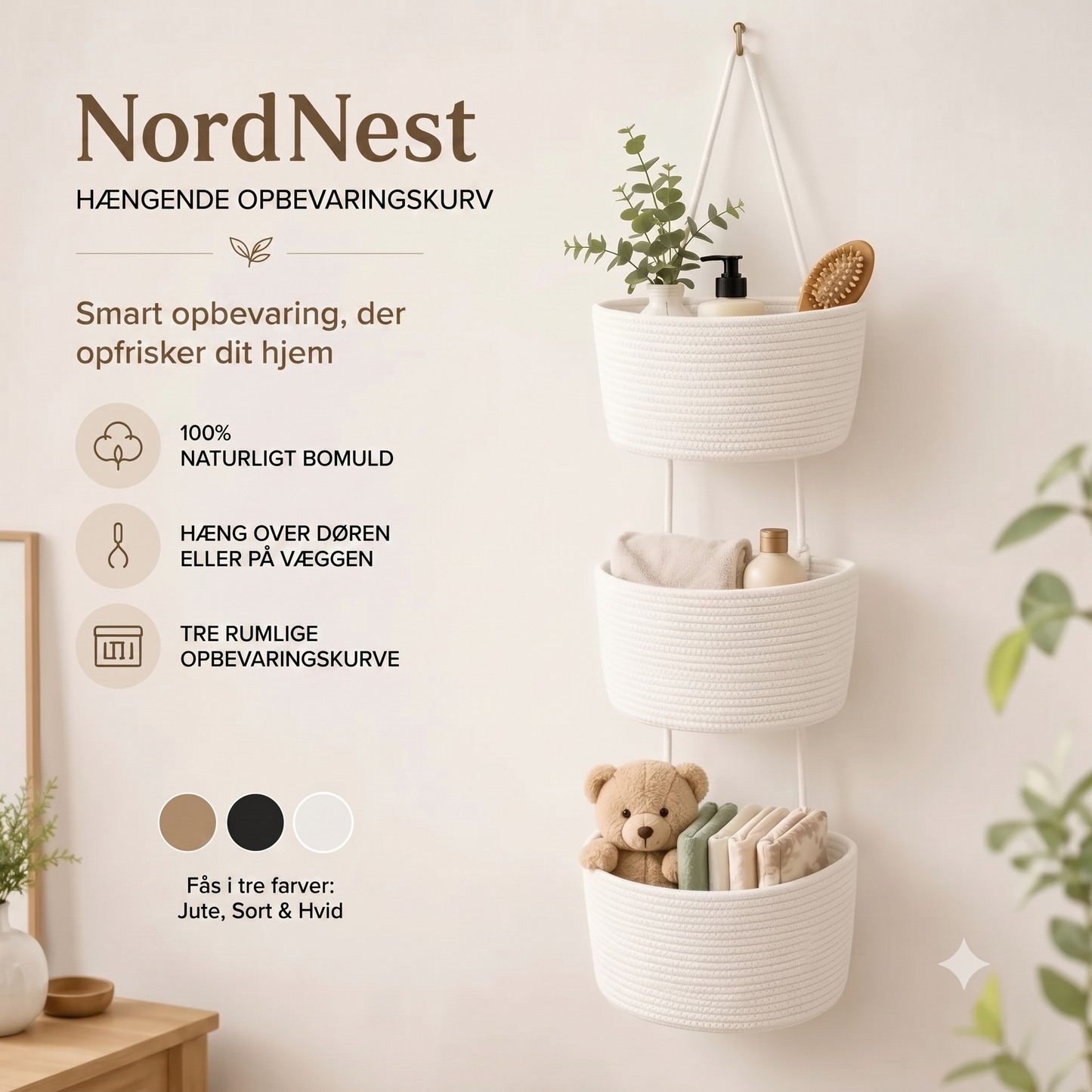 NordNest hængende opbevaringskurv i bomuld med tre rum