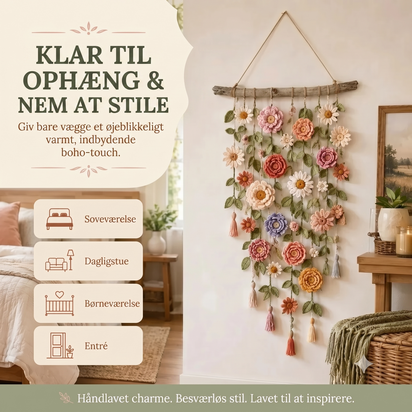 Vægdekoration med hæklede blomster