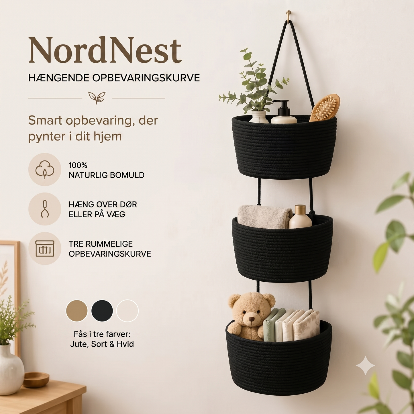 NordNest hængende opbevaringskurv i bomuld med tre rum
