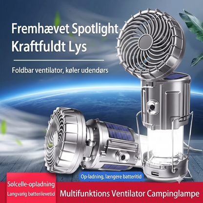 Solcelledrevet campinglampe med ventilator og powerbank