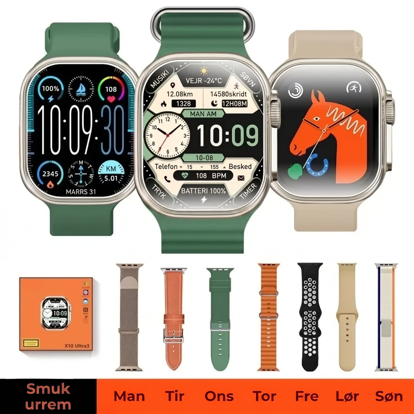 Smartwatch med HD AMOLED skærm og 7 remme