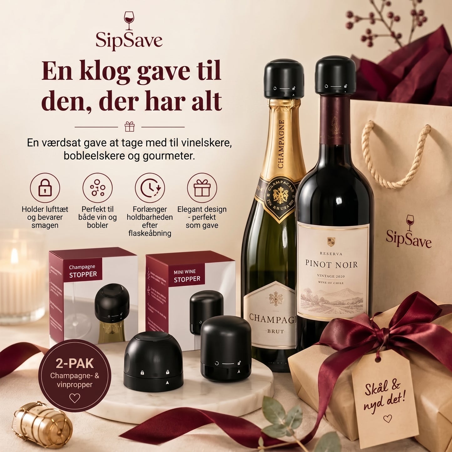 Flaskepropper til vin og champagne sæt med 4 stk.