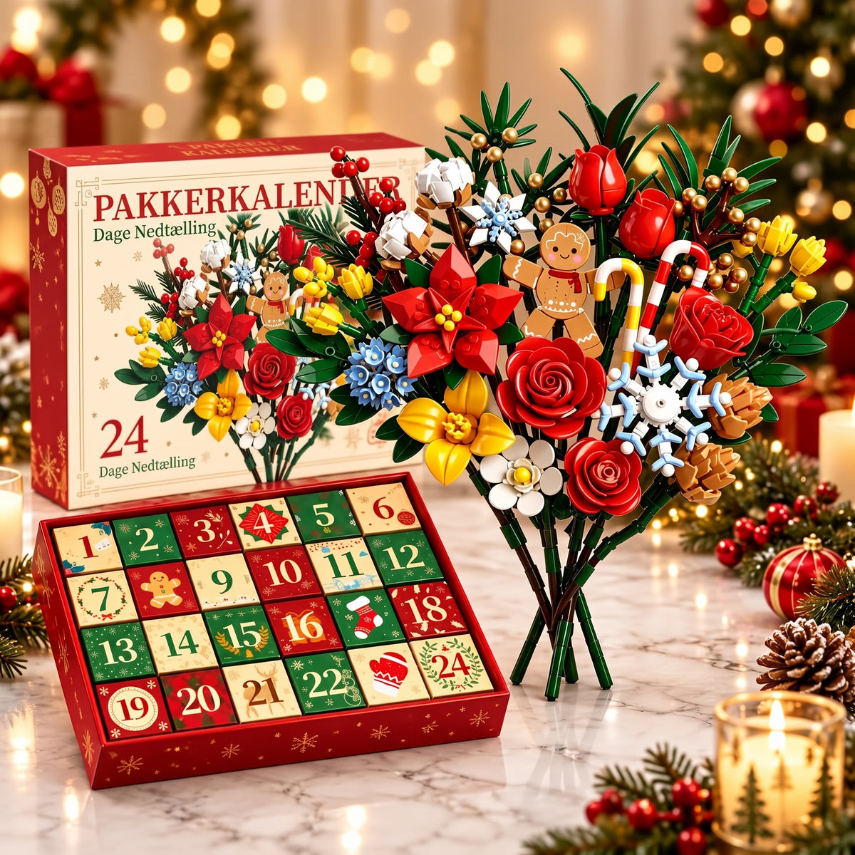 Byggesæt med blomsterbuket som adventskalender til jul
