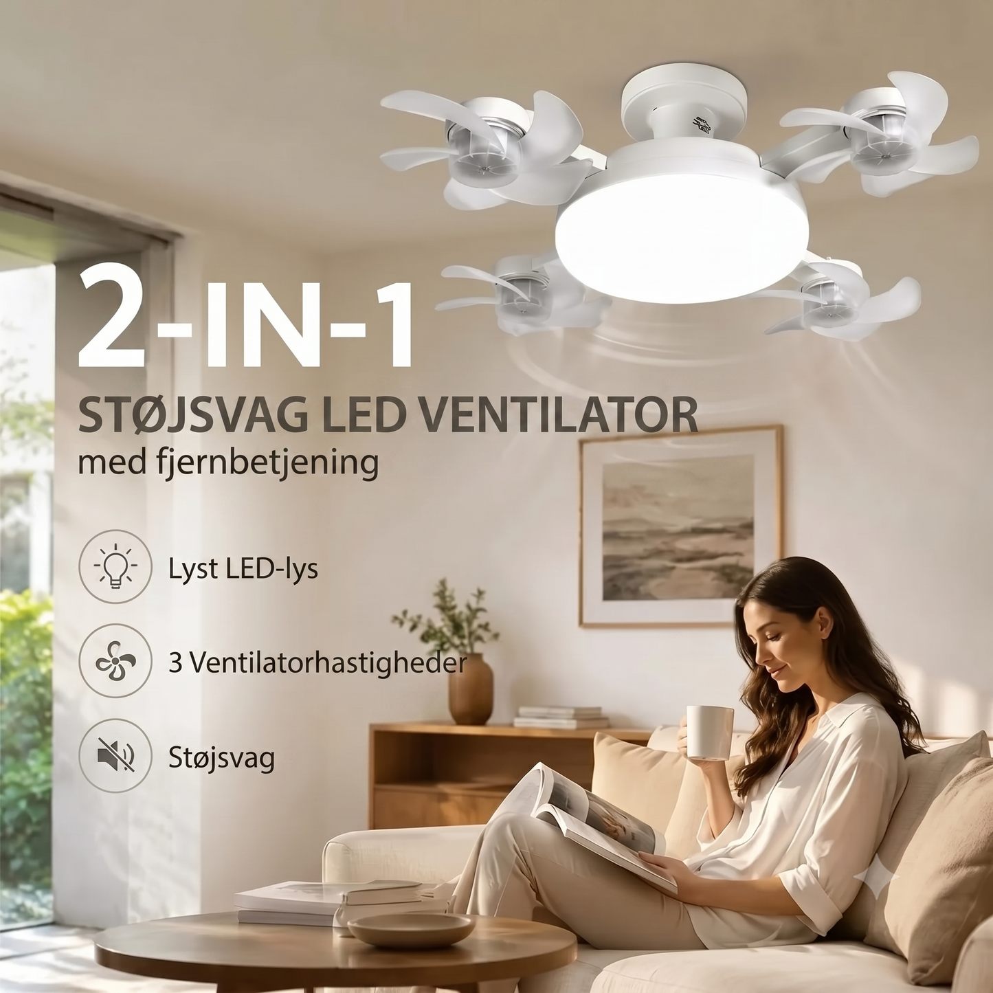 AirDrone loftsvifte med LED-belysning og fjernbetjening