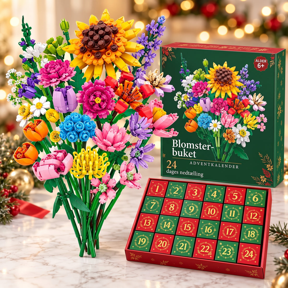 Byggesæt med blomsterbuket som adventskalender til jul