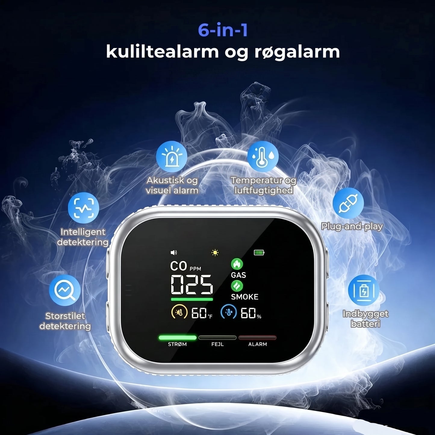 6-i-1 smart sikkerhedsdetektor til CO-gas og røg