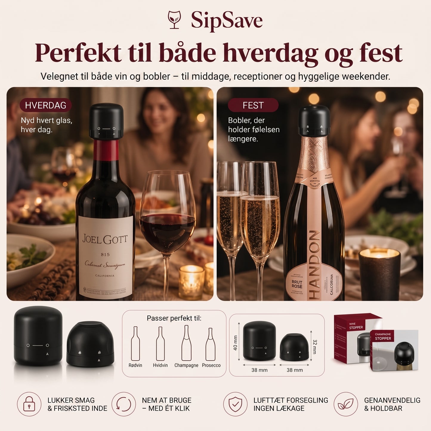 Flaskepropper til vin og champagne sæt med 4 stk.