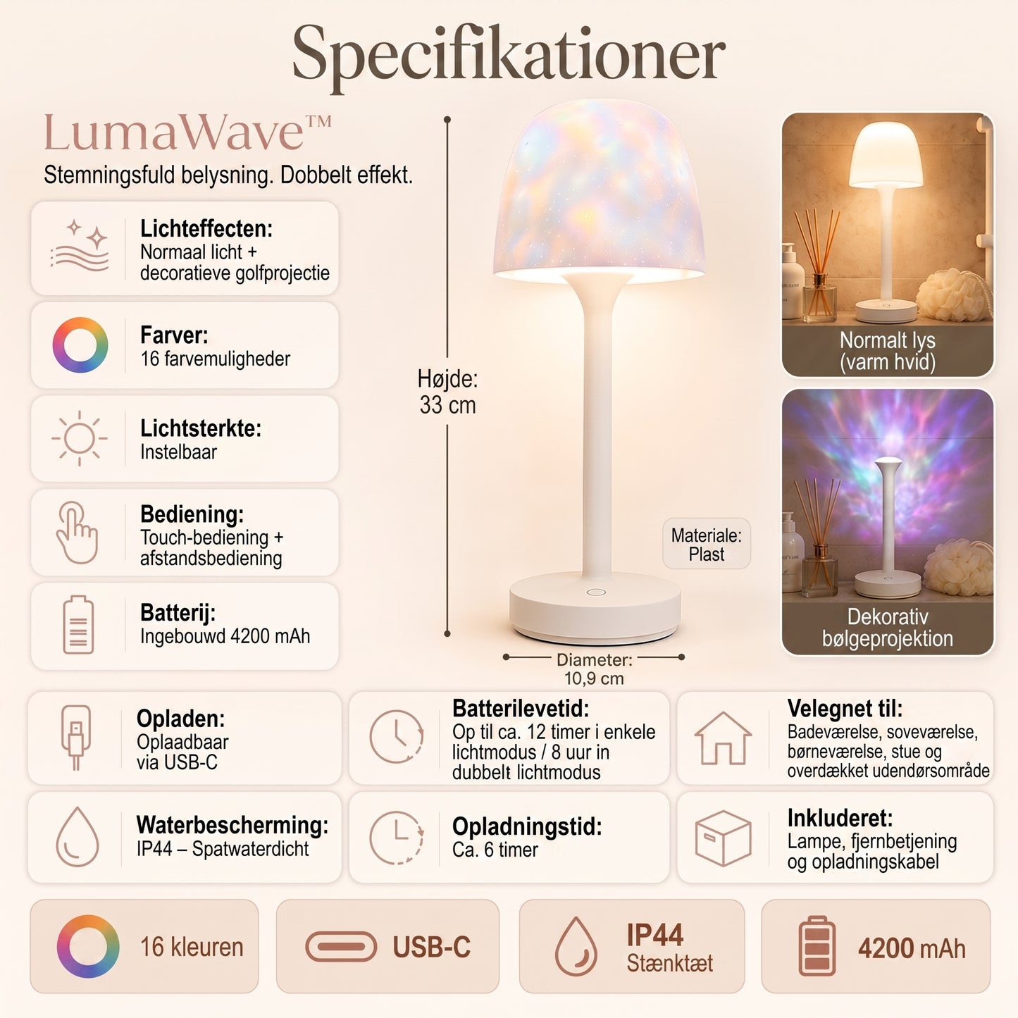 LumaWave bærbar stemningslampe med bølgeprojektion