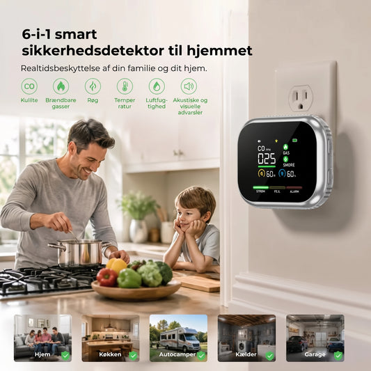 6-i-1 smart sikkerhedsdetektor til CO-gas og røg