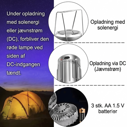 Solcelledrevet campinglampe med ventilator og powerbank