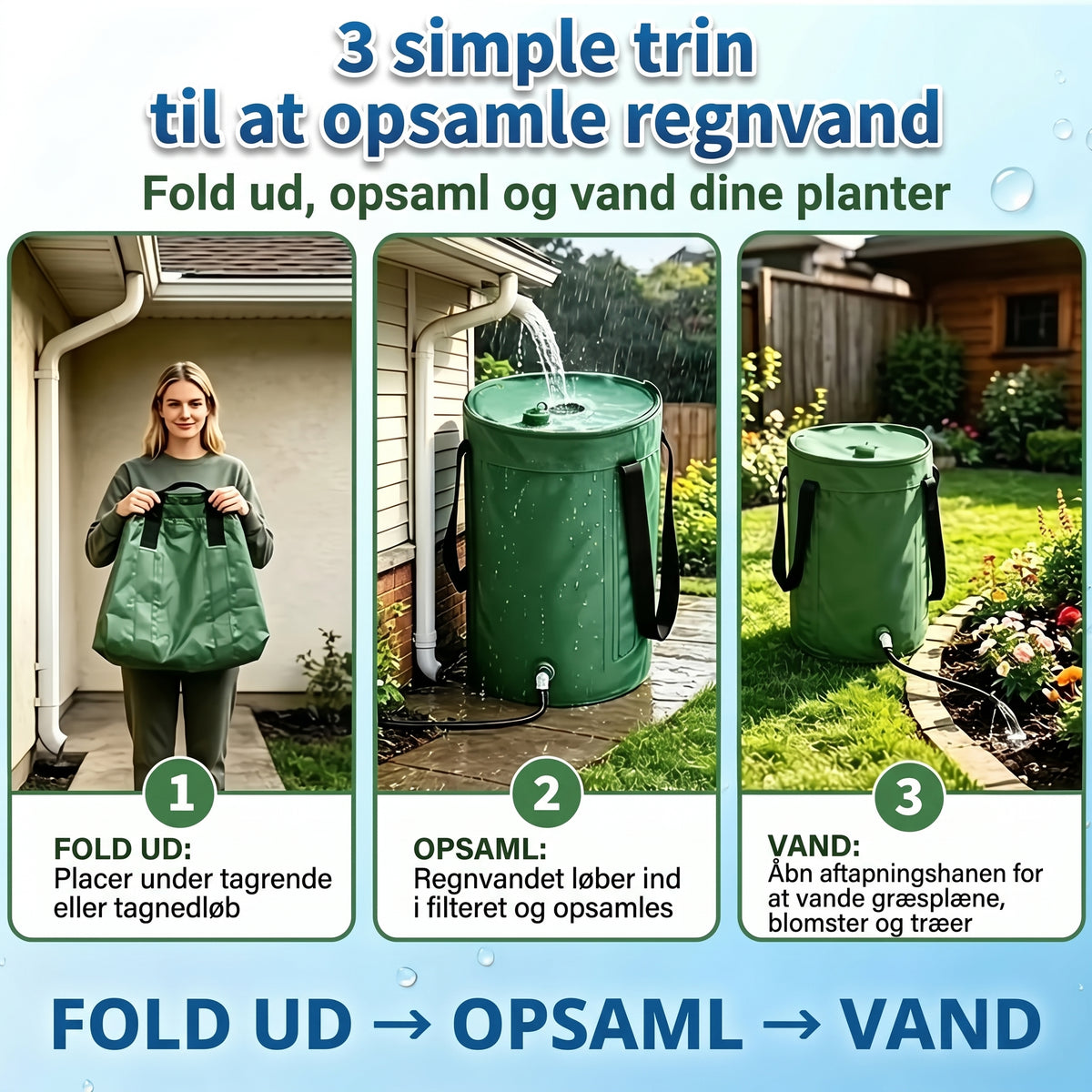 Sammenklappelig regnvandstønde med aftapningshane