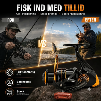 Fiskehjul med CNC-fræset spole og hovedgear i kobber