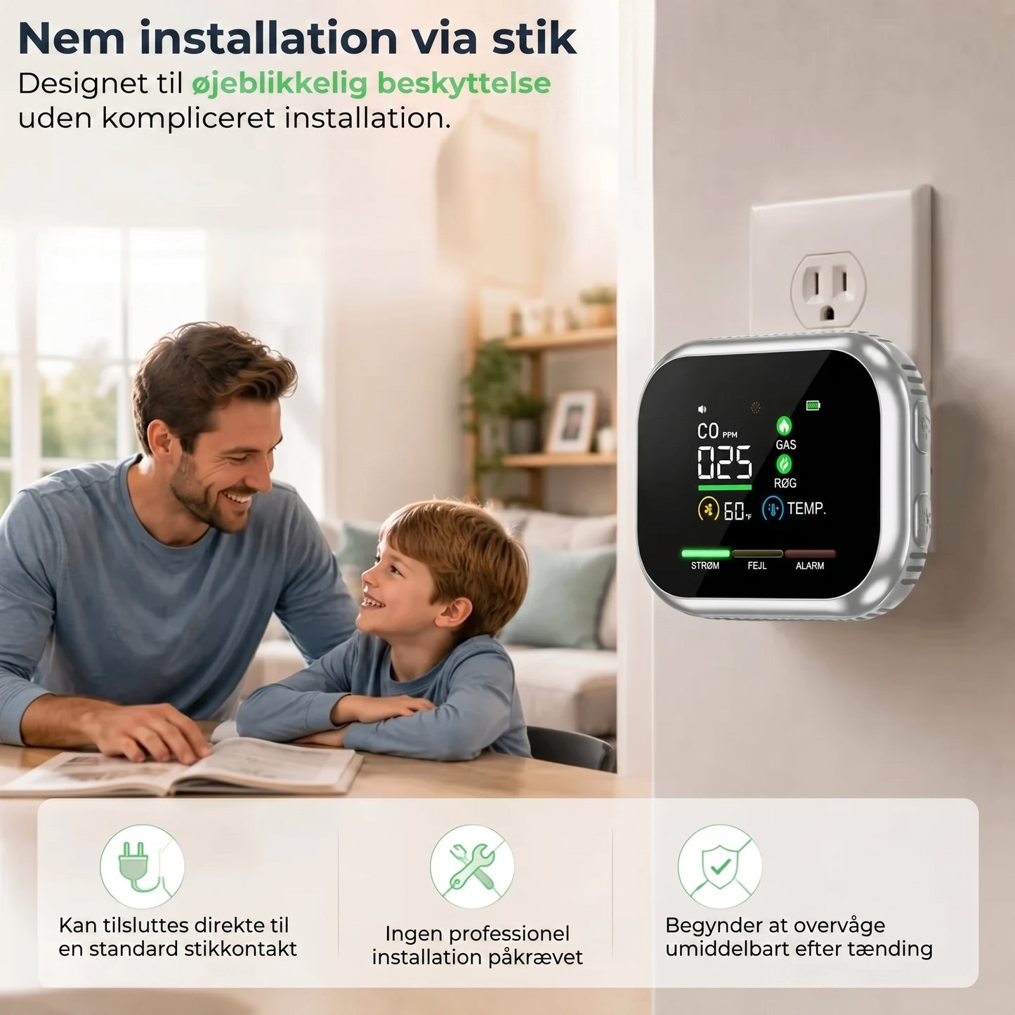 6-i-1 smart sikkerhedsdetektor til CO-gas og røg