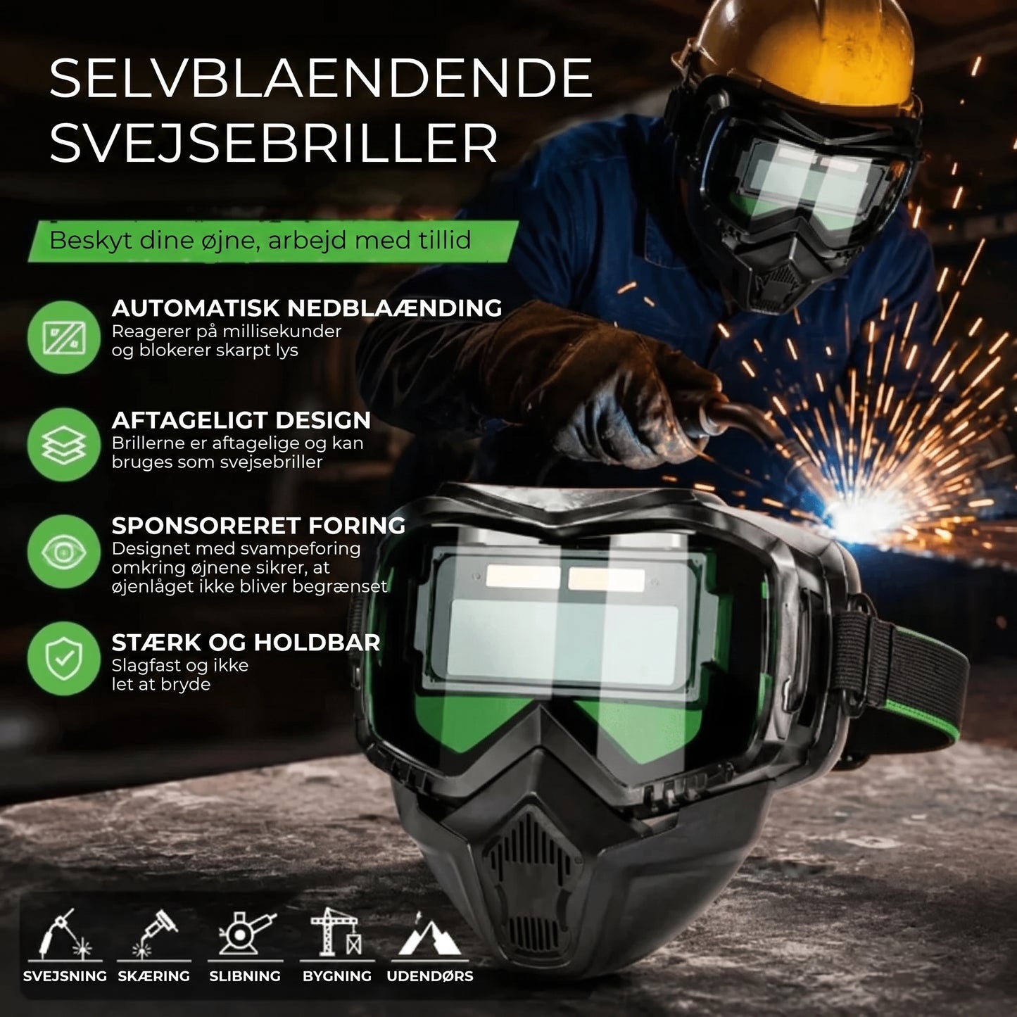Svejsehjelm med automatisk nedblænding og kulfilter