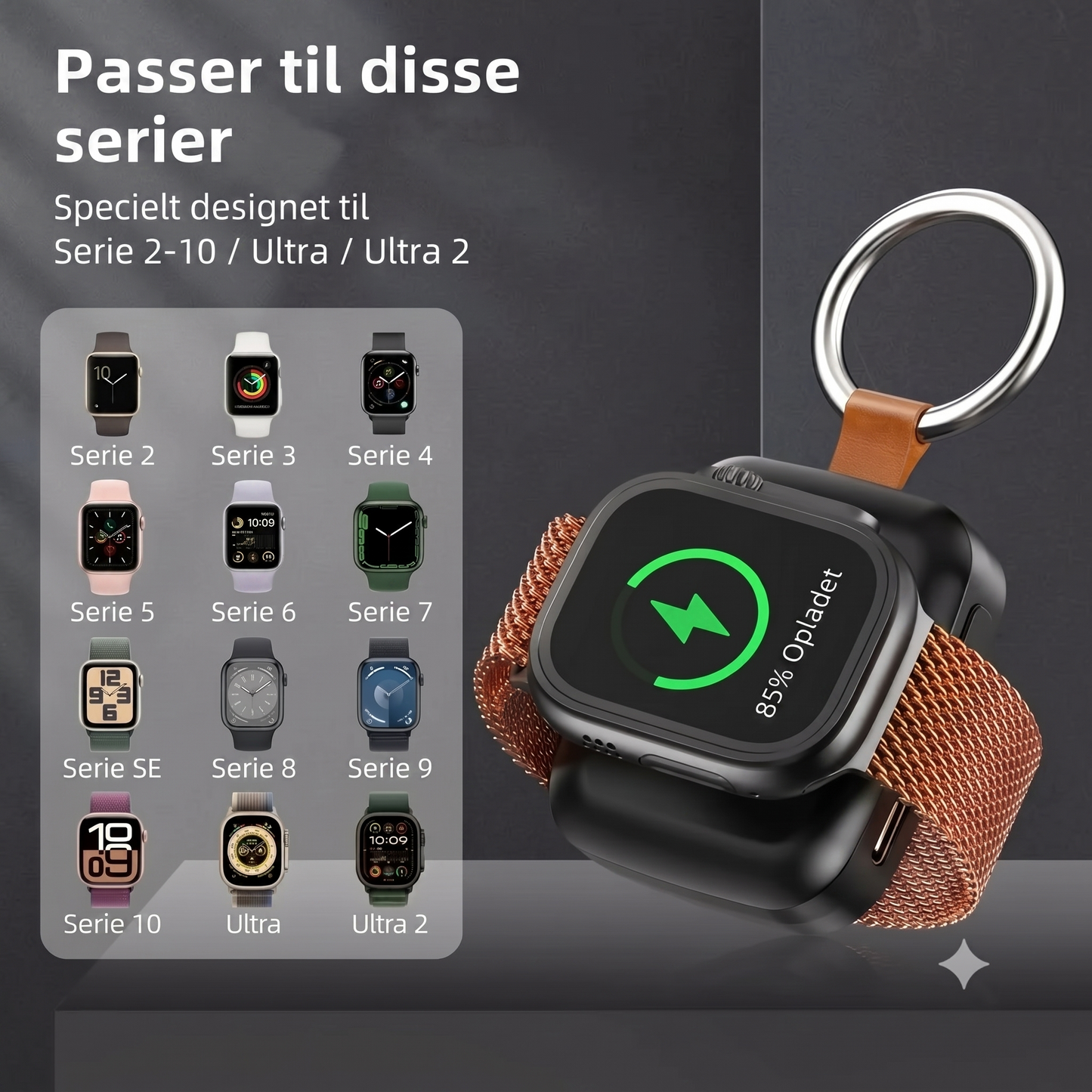 Kompakt magnetisk 1200 mAh smartwatch powerbank med nøglering