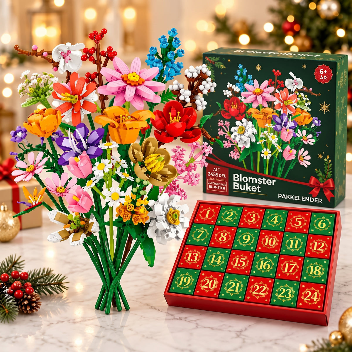 Byggesæt med blomsterbuket som adventskalender til jul