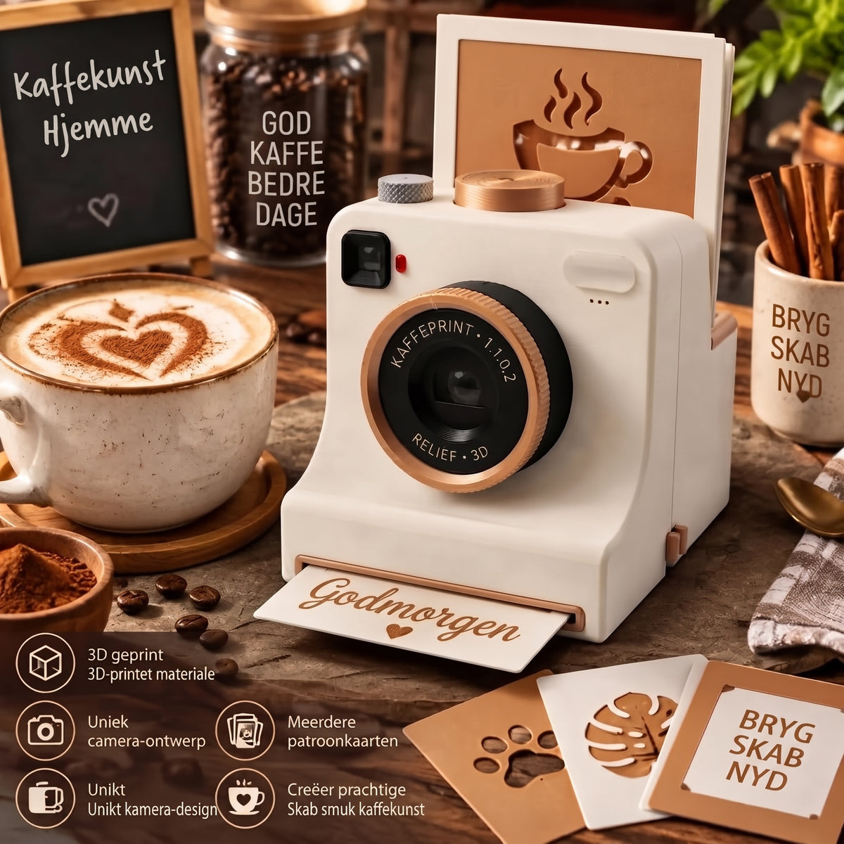 Retro Coffee Art Camera mekanisk latte skabelonprinter