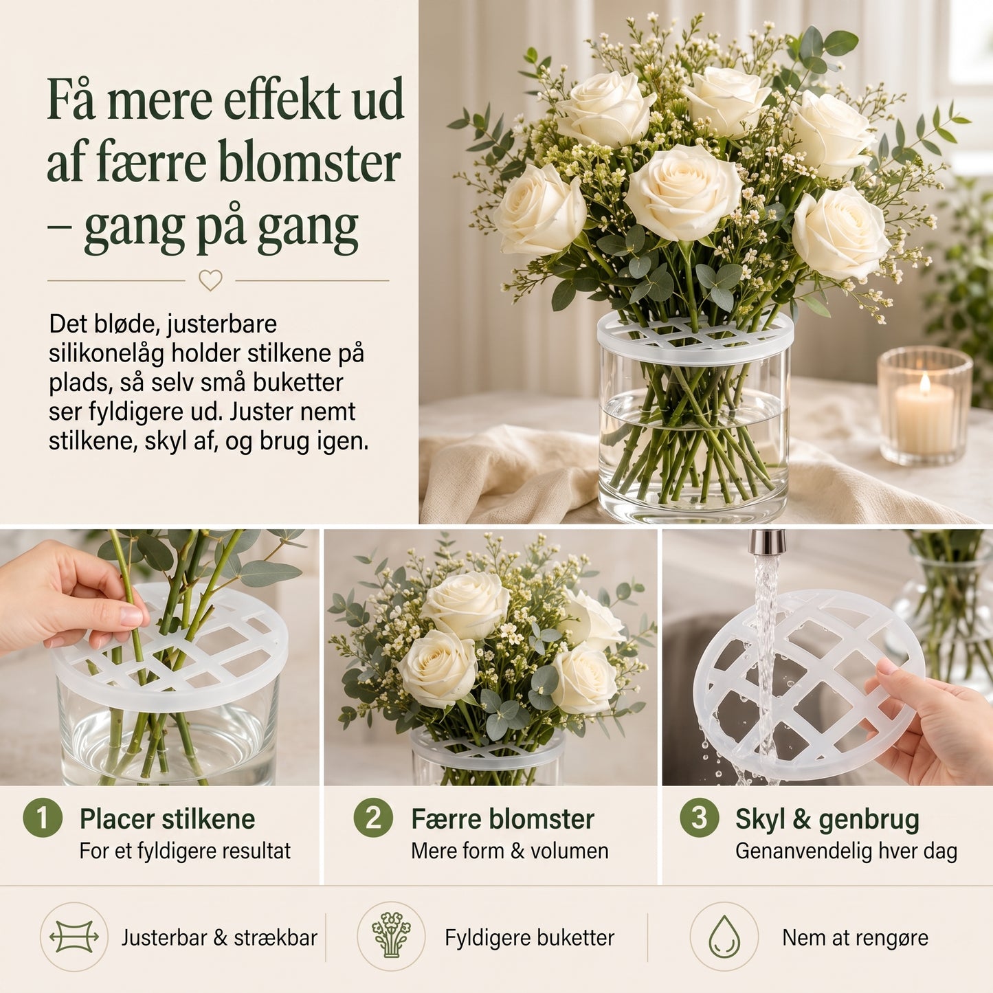 BlomFix strækbare silikone blomsterholdere, sæt med 4