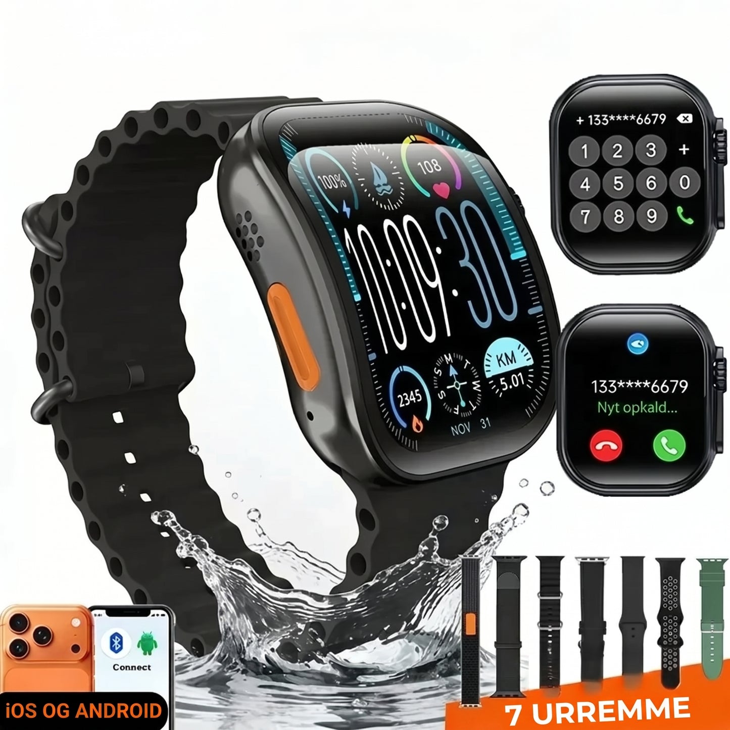 Smartwatch med HD AMOLED skærm og 7 remme