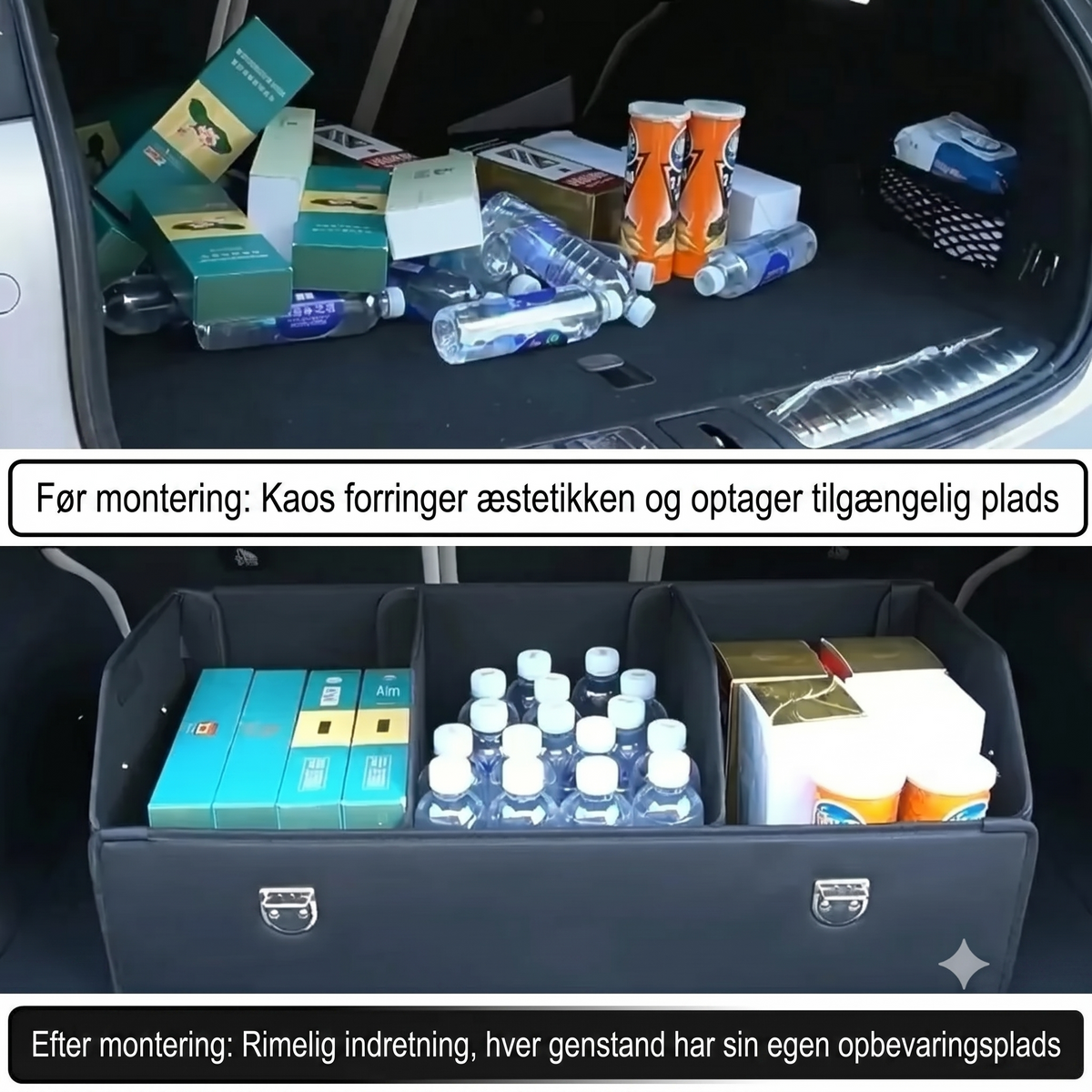 Sammenfoldelig organizer til bilens bagagerum
