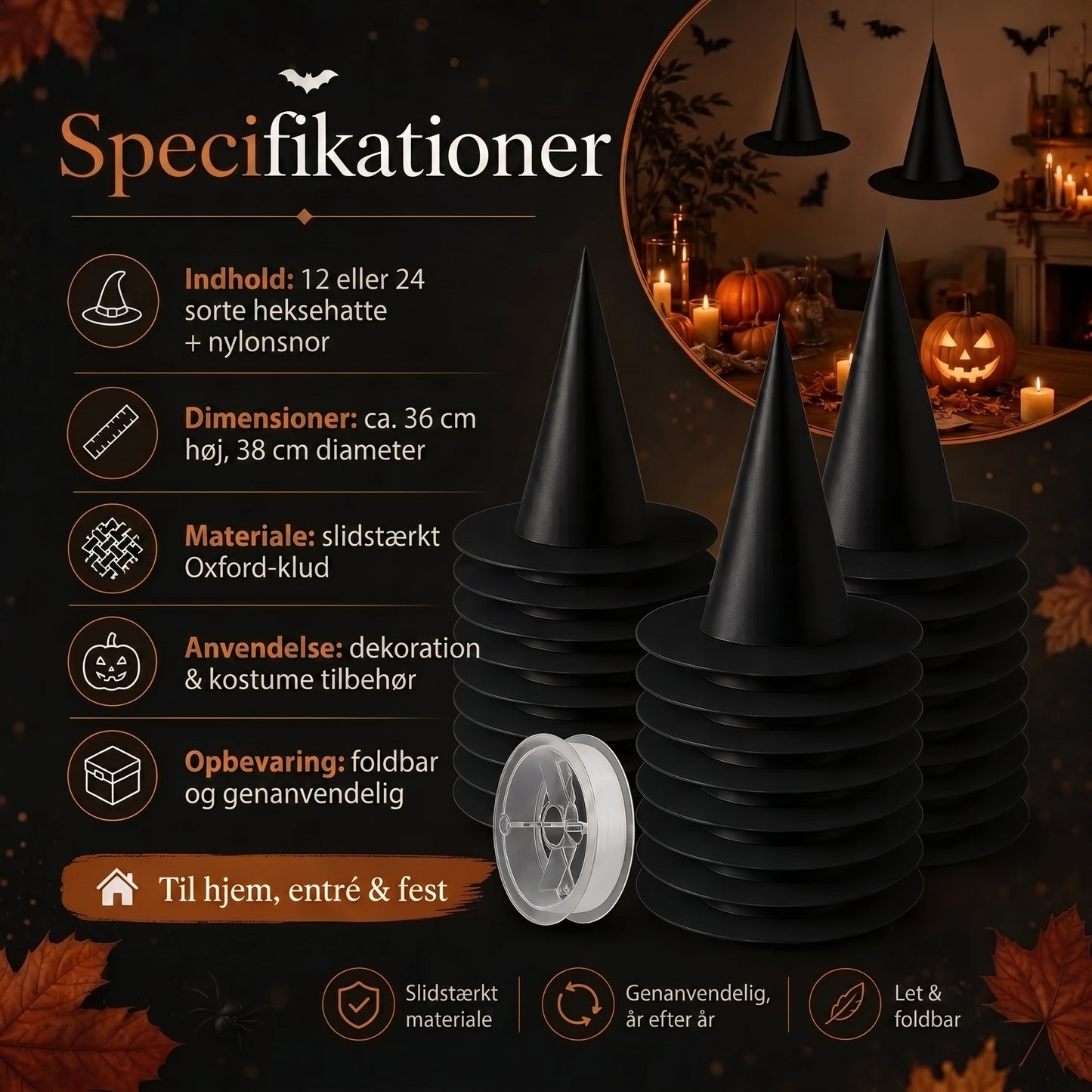 Svævende heksehatte til Halloween-dekoration