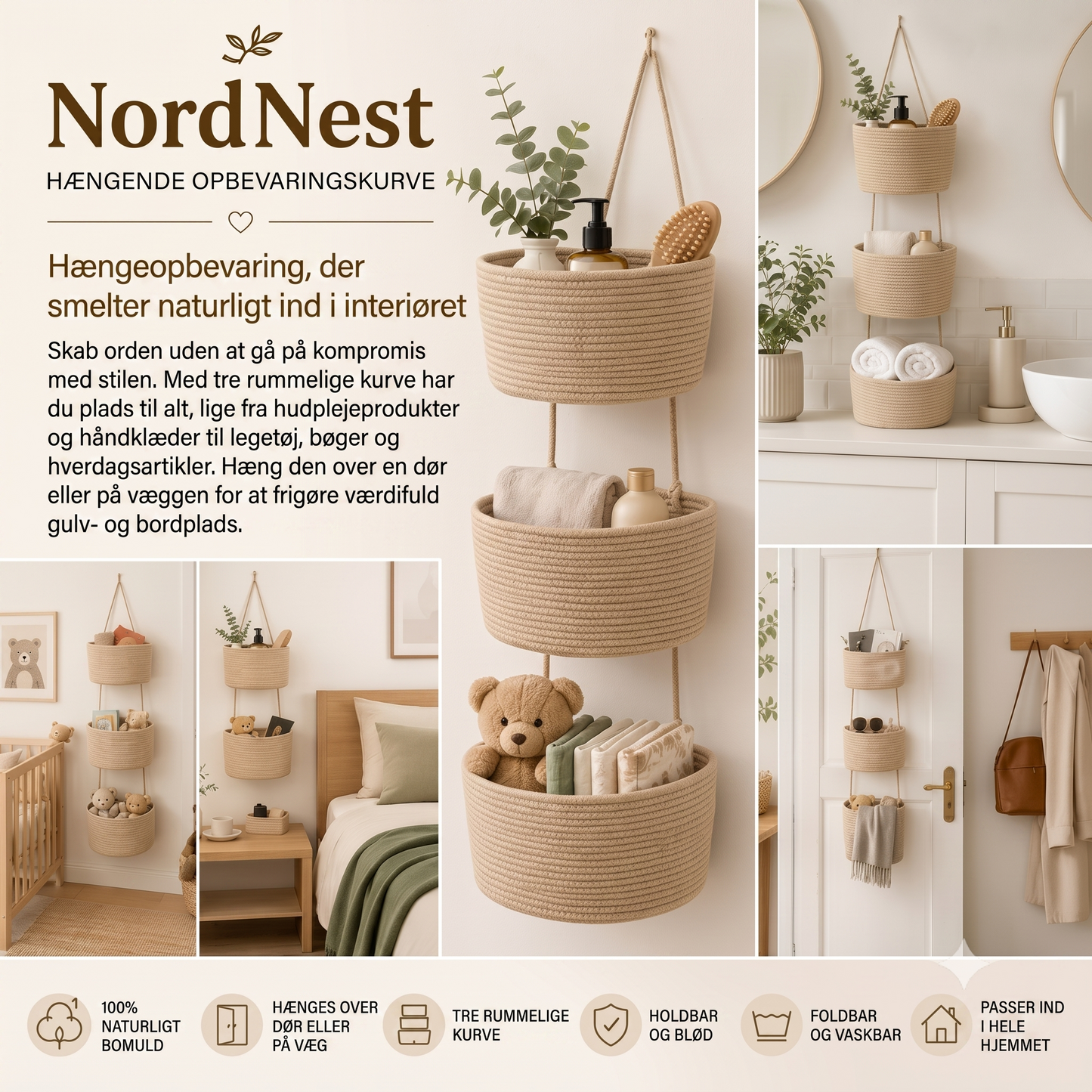 NordNest hængende opbevaringskurv i bomuld med tre rum