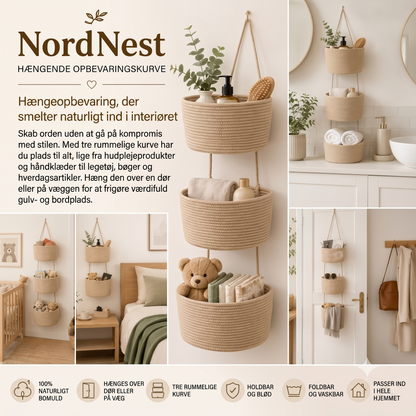 NordNest hængende opbevaringskurv i bomuld med tre rum