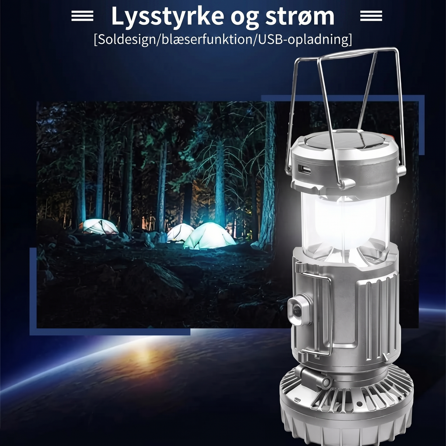 Solcelledrevet campinglampe med ventilator og powerbank