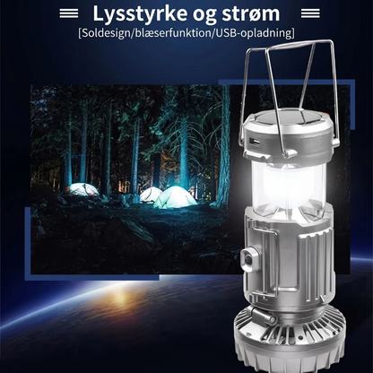 Solcelledrevet campinglampe med ventilator og powerbank