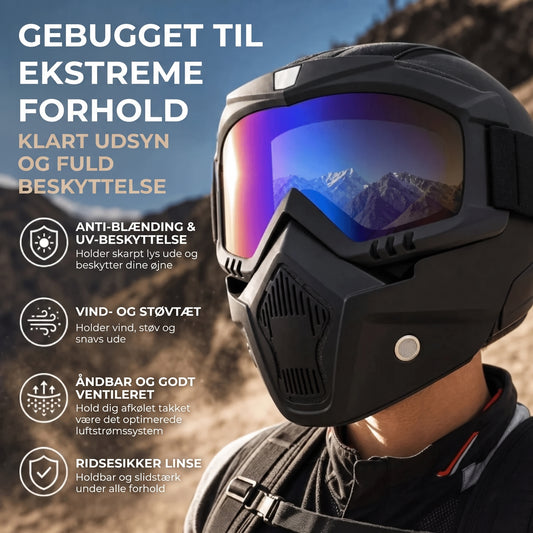 Helmaske med ridsefaste sportsbriller
