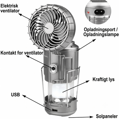 Solcelledrevet campinglampe med ventilator og powerbank