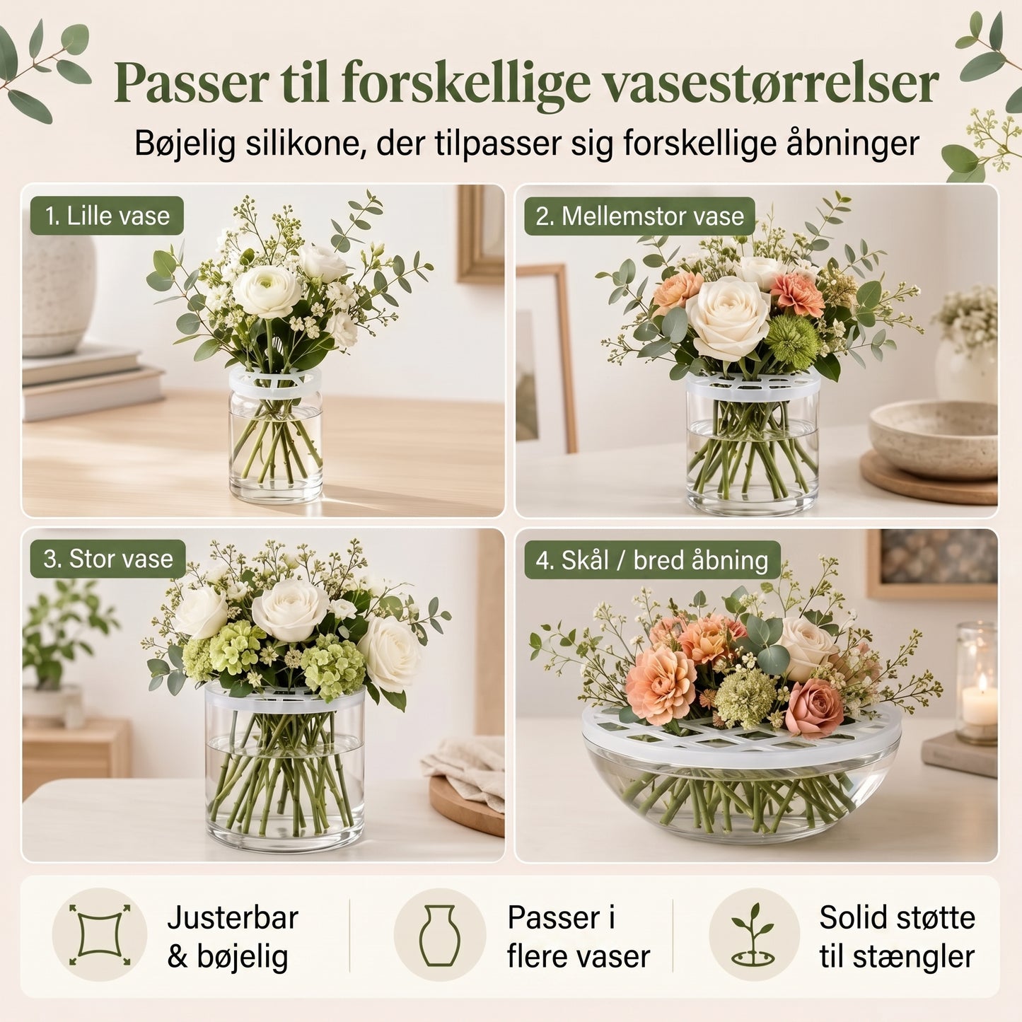 BlomFix strækbare silikone blomsterholdere, sæt med 4