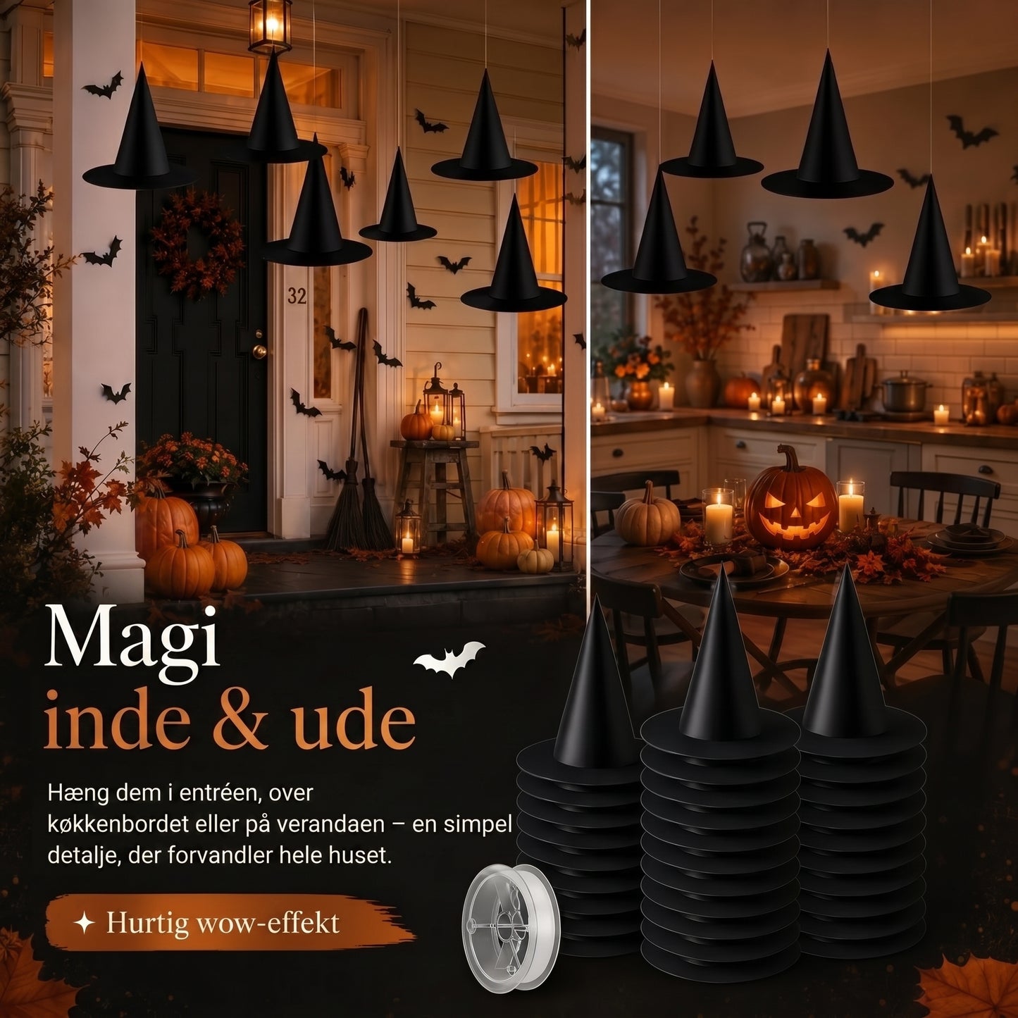Svævende heksehatte til Halloween-dekoration