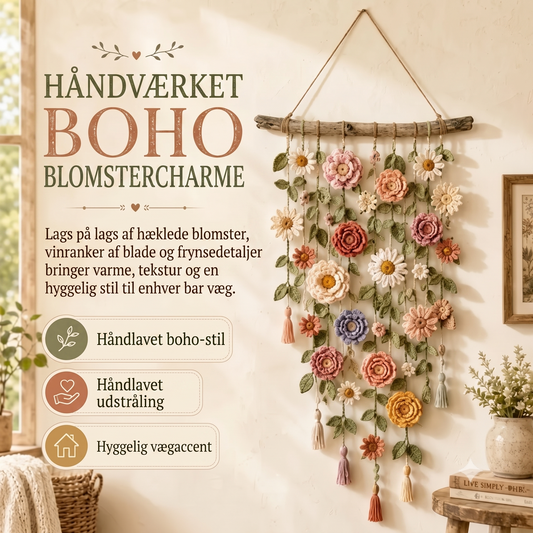 Vægdekoration med hæklede blomster