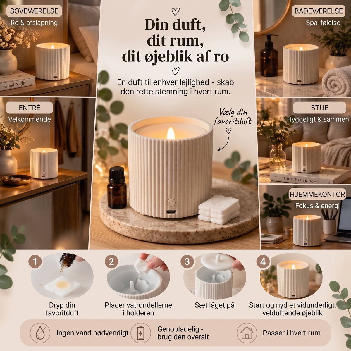 Genopladelig duftspreder med LED-belysning