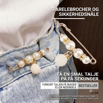 Sikkerhedsnålsbroche med rhinsten og perler