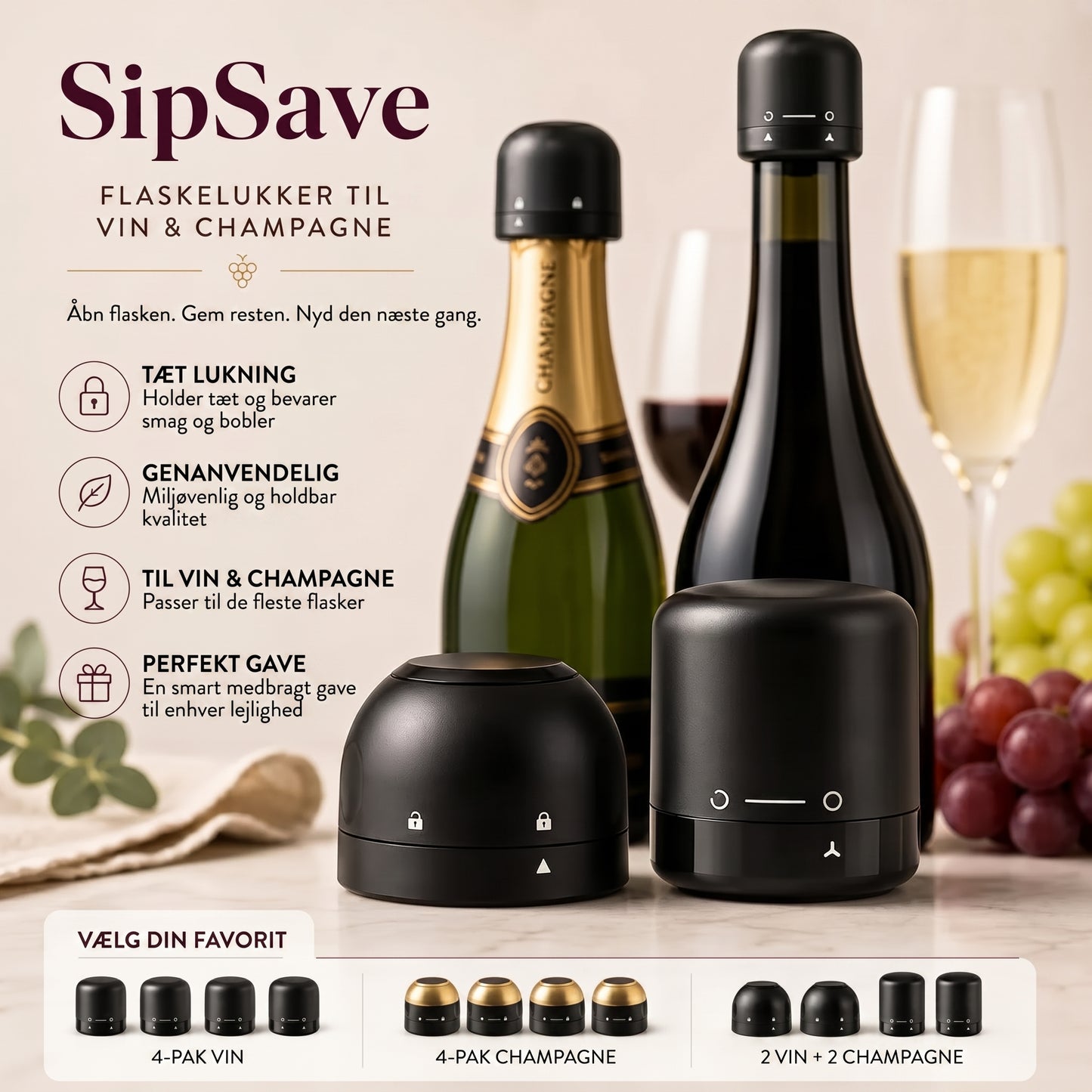 Flaskepropper til vin og champagne sæt med 4 stk.