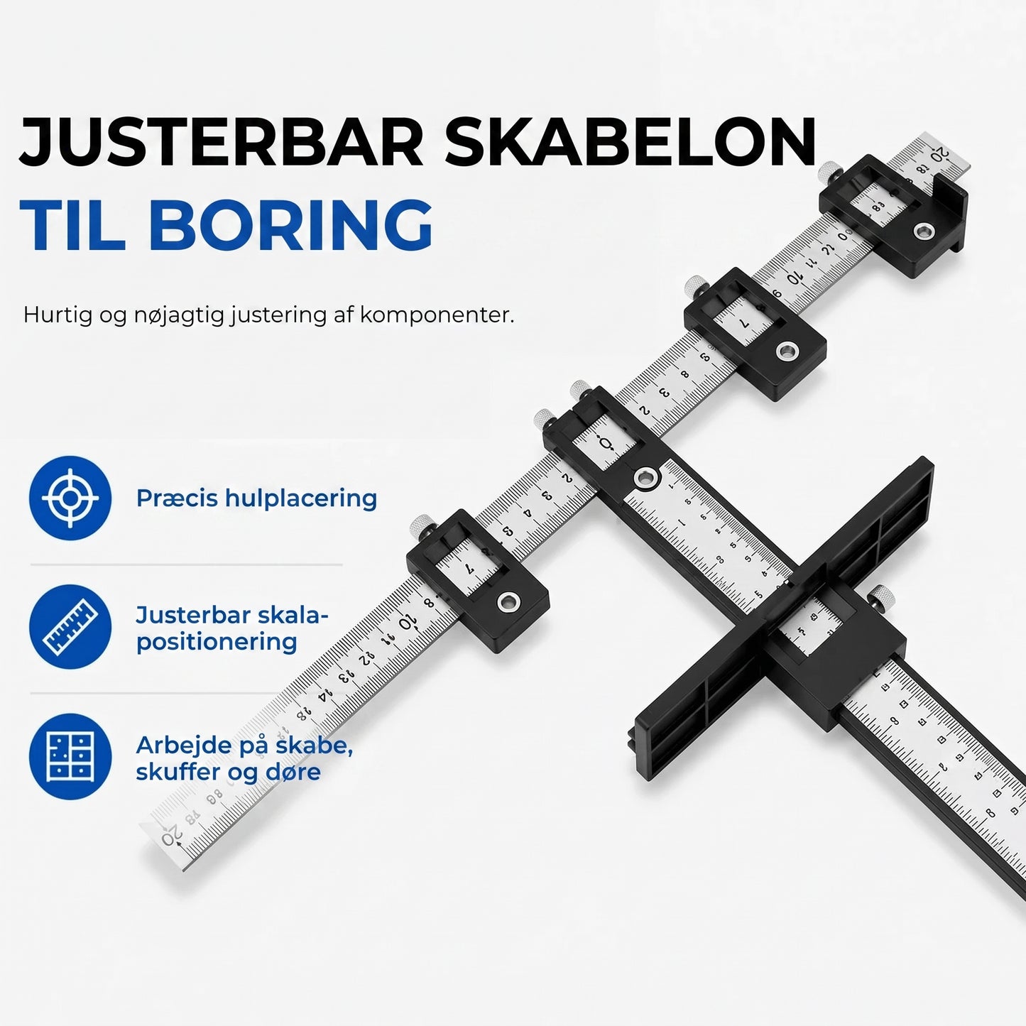 Justerbar boreguide med målelineal til præcis boring