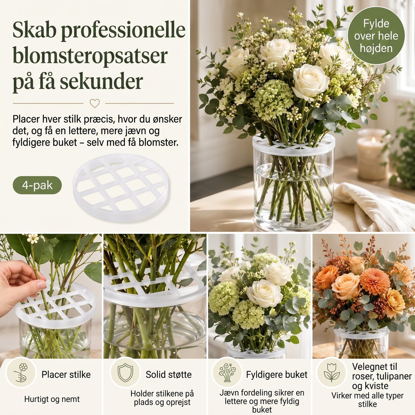 BlomFix strækbare silikone blomsterholdere, sæt med 4