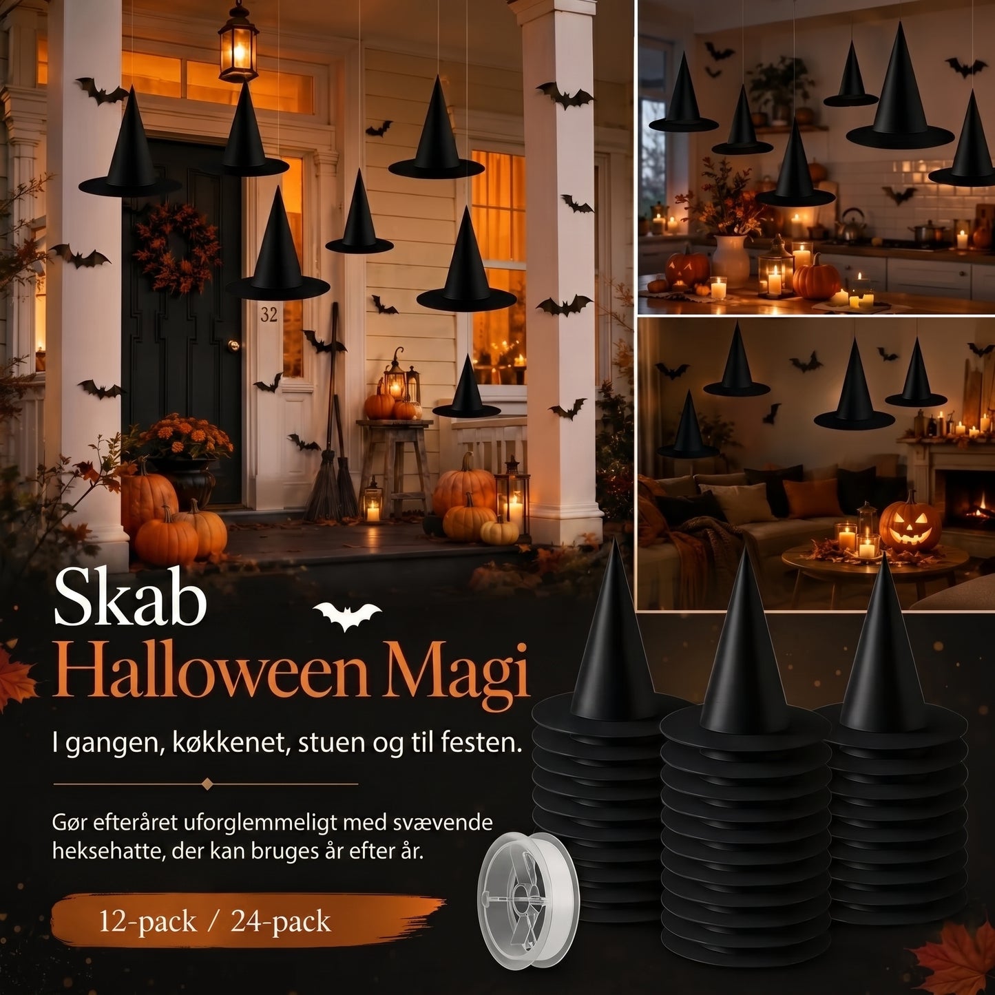 Svævende heksehatte til Halloween-dekoration