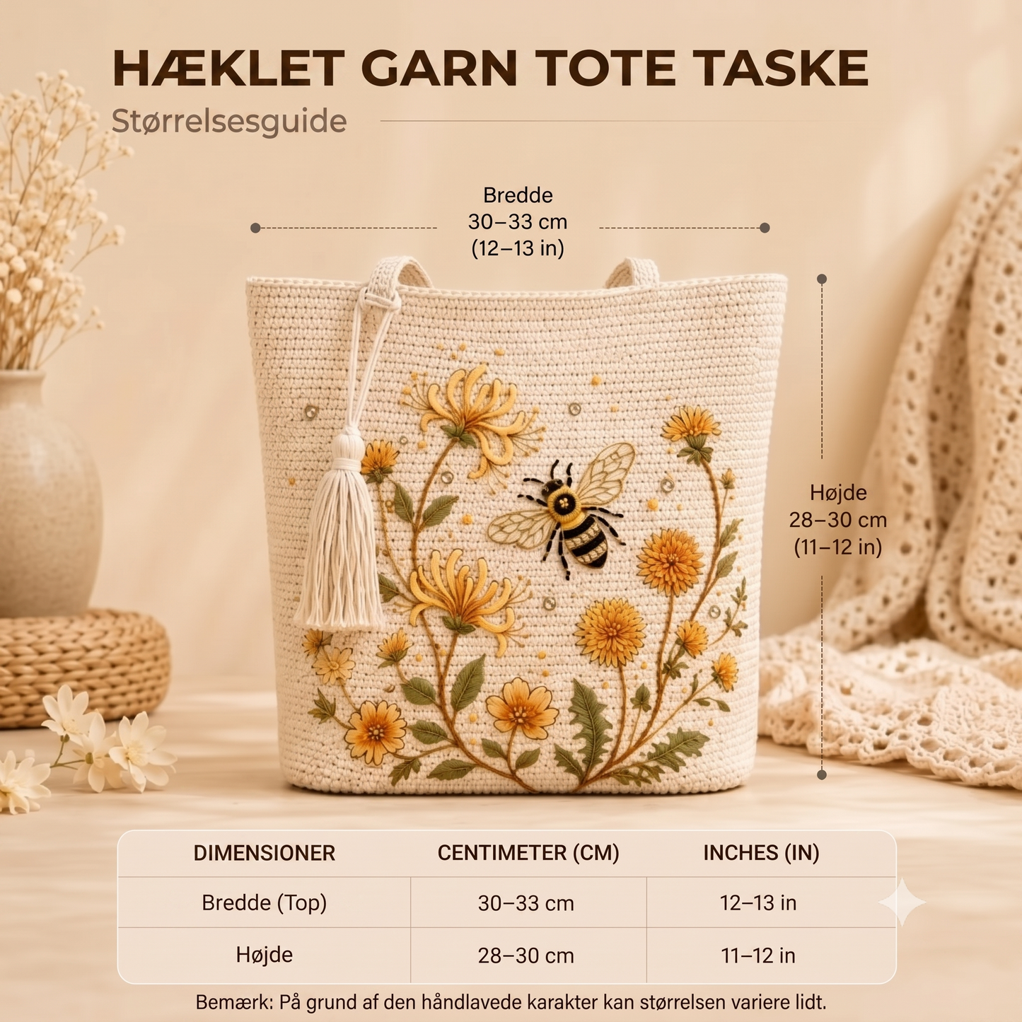 BeeBelle™ hæklet mulepose med bier og blomster