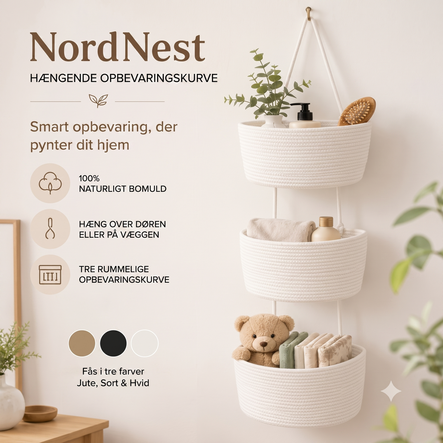 NordNest hængende opbevaringskurv i bomuld med tre rum
